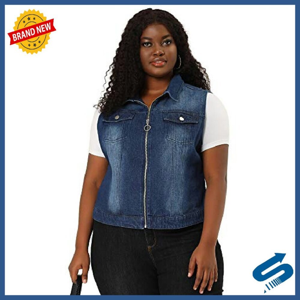 Plus Size Denim Vest Sleeveless Zip Up Button Down Waistcoat - Picture 5 of 6
